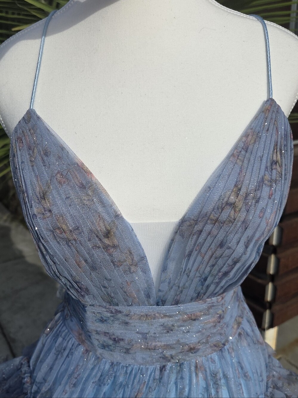 Jovani Dusty Blue Floral Sparkle Spaghetti-Strap Gown - Picture 3 of 11